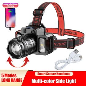 LED Telescopic Headlamp Head Torch Rechargeable Motion Sensor Headlight Zoomable 5 Modes Emergency Light For Camping (Option: Black)